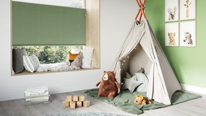 Green blind window treatment in kids bedroom by Swyft Direct Blinds