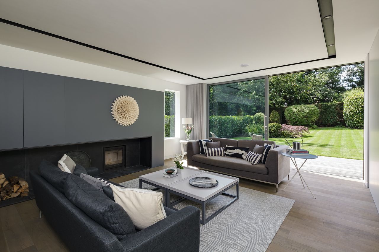 living room with large sliding doors