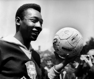 Pele pictured during a training session with Brazil in 1964.