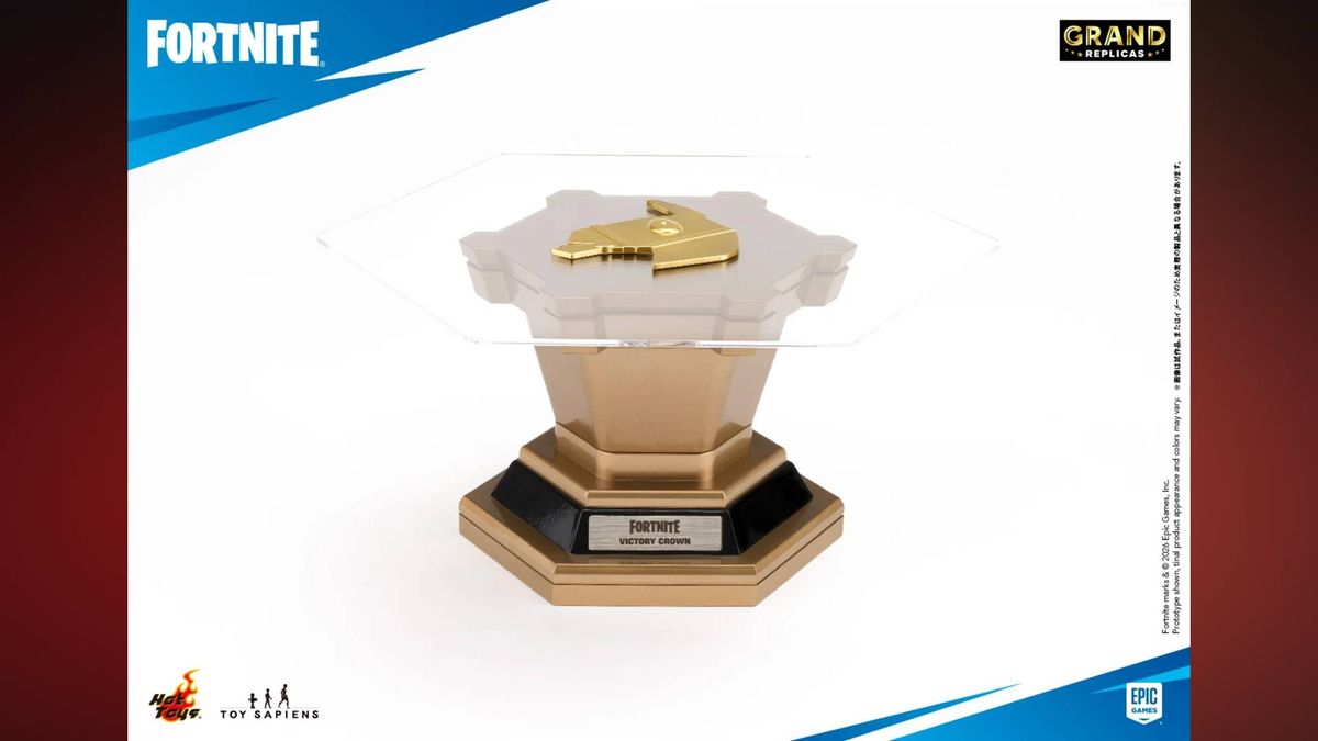 Photo of the Fortnite Grand Replicas Victory Crown 1:1 Scale Replica display stand.