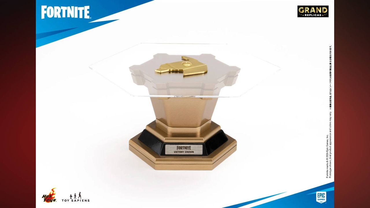 Photo of the Fortnite Grand Replicas Victory Crown 1:1 Scale Replica display stand.