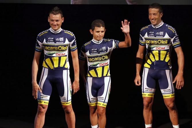 Returning Vacansoleil-DCM rider Rob Ruijgh along with new signings Jose Rujano and Juan Antonio Flecha are introduced at the team presentation.
