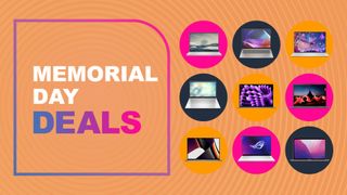 Collage of laptops on peach background with Memorial day deals text overlay