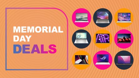Collage of laptops on peach background with Memorial day deals text overlay