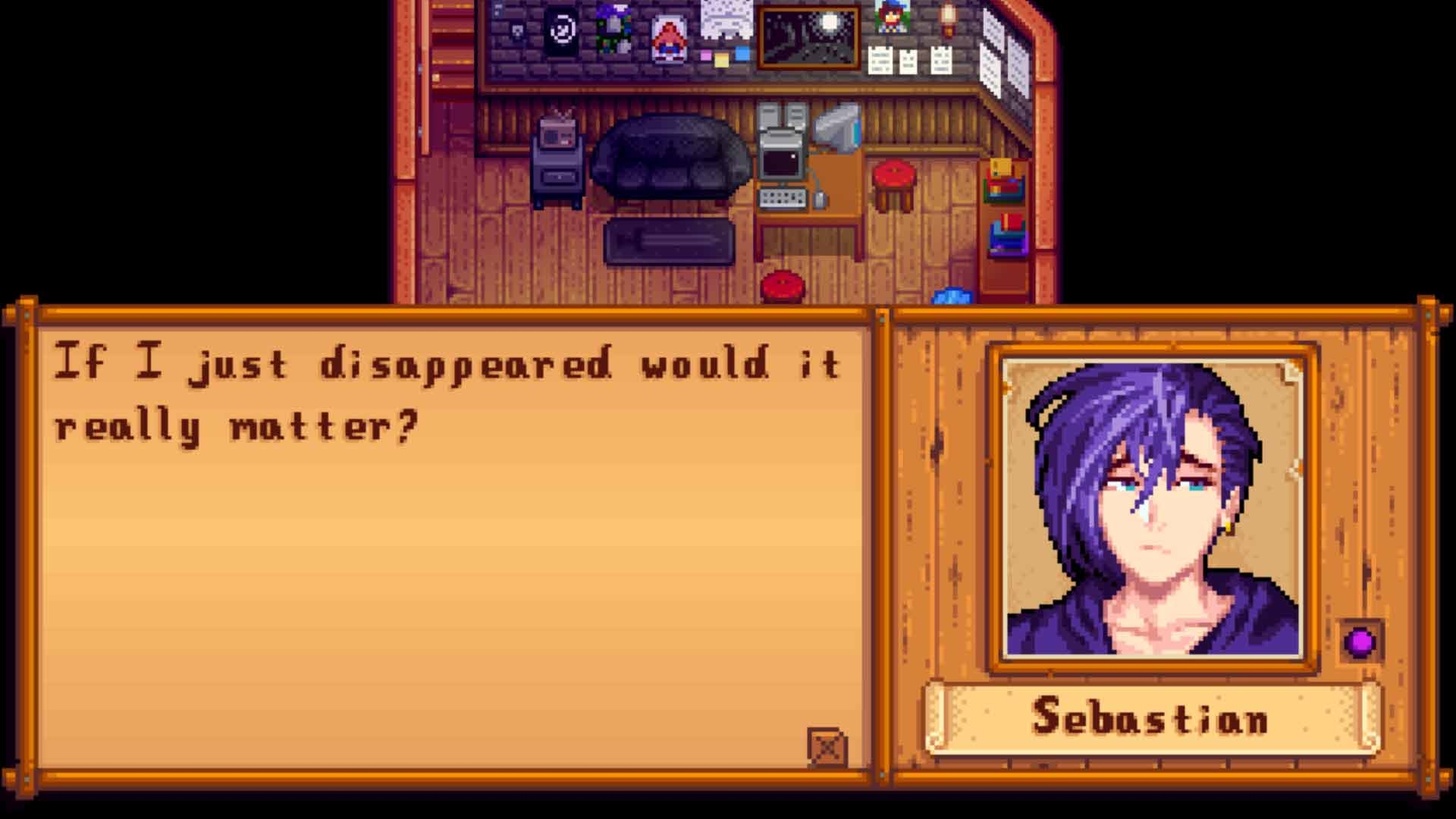 Sebastian's Stardew Valley portrait in an anime art style from OhDavi's mod.