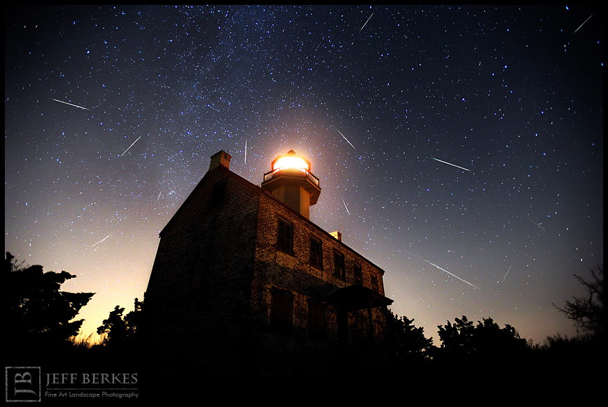 Astrophotographer Jeff Berkes sent in a photo of Perseid meteors taken at East Point Lighthouse in southern New Jersey, August 2012.