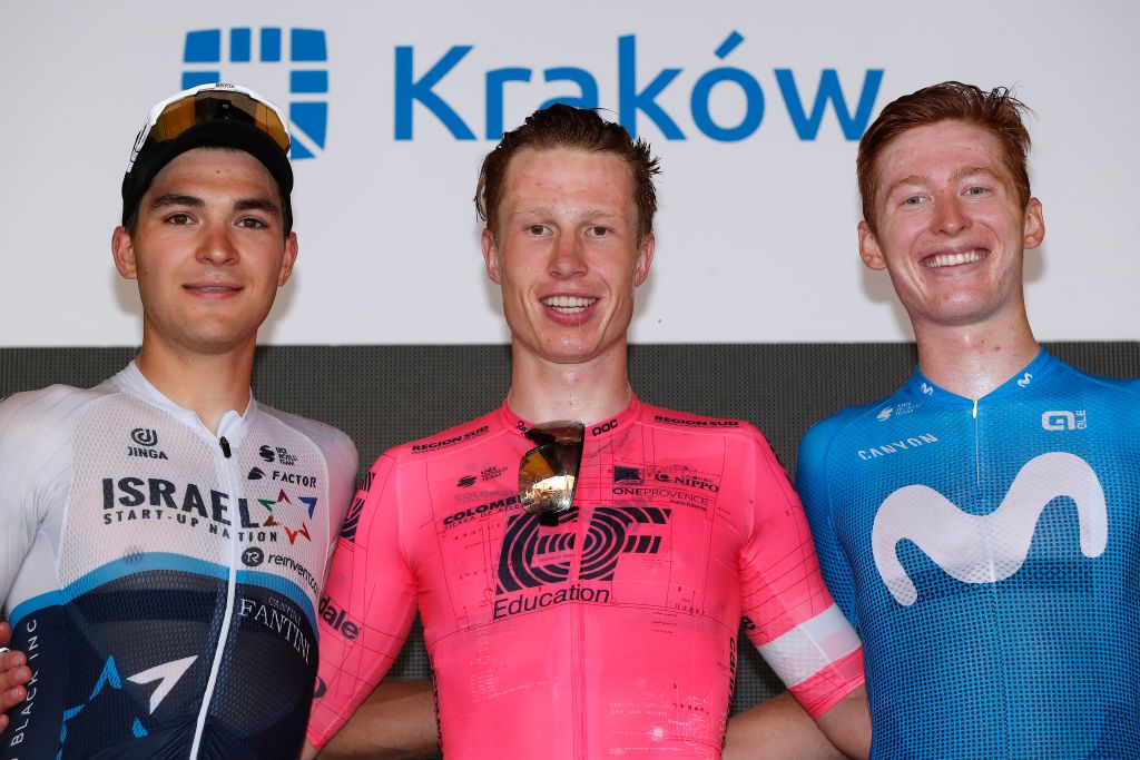 KRAKOW POLAND AUGUST 15 LR Alexis Renard of France and Team Israel StartUp Nation on second place stage winner Julius Van Den Berg of The Netherlands and Team EF Education Nippo and Matteo Jorgenson of The United States and Movistar Team on third place pose on the podium during the podium ceremony after the 78th Tour de Pologne 2021 Stage 7 a 145km stage from Zabrze to Krakw TourdePologne TDP2021 UCIWT on August 15 2021 in Krakow Poland Photo by Bas CzerwinskiGetty Images