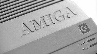 Close-up of the AMIGA logo on a Commodore Amiga 500