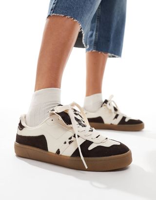 Stradivarius Leather Trainer in Cow Print