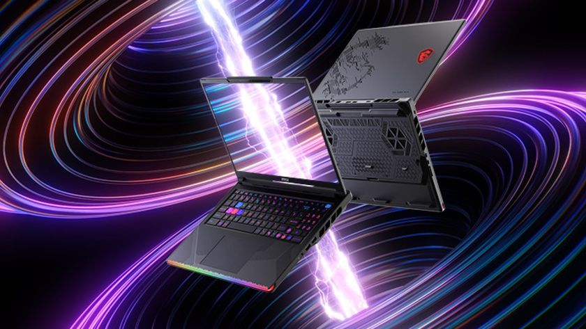 MSI Raider 16 Max gaming laptop on a dark background with bright lights