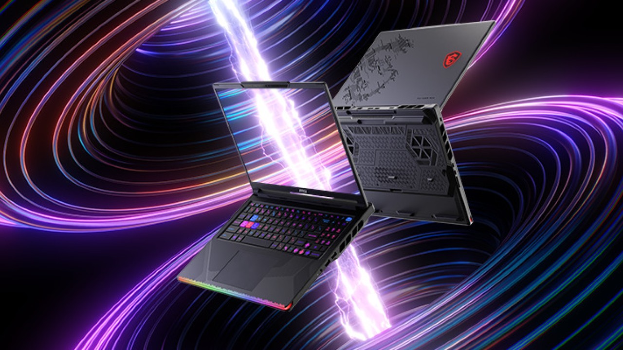MSI Raider 16 Max gaming laptop on a dark background with bright lights