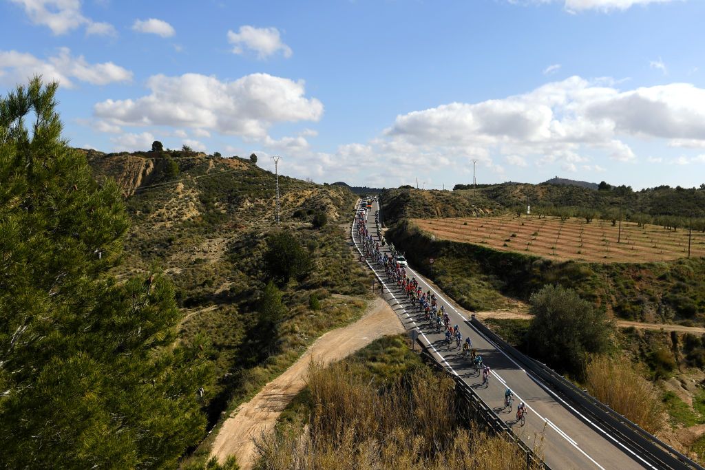 CULLERA SPAIN FEBRUARY 06 Peloton Alborache Turis 273m Landscape during the 71st Volta a la Comunitat Valenciana 2020 Stage 2 a 181km stage from Torrent to Cullera 181m VueltaCV VCV2020 on February 06 2020 in Cullera Spain Photo by David RamosGetty Images