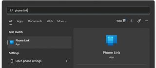 Searching for Phone Link in the start menu on Windows 11