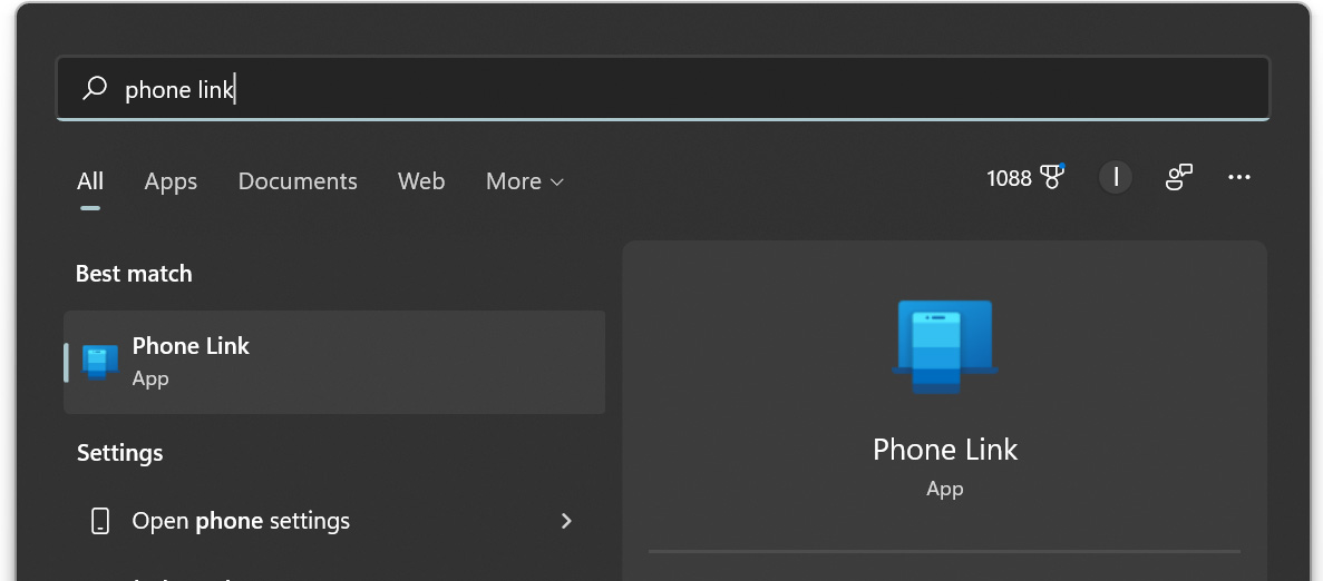 Searching for Phone Link in the start menu on Windows 11
