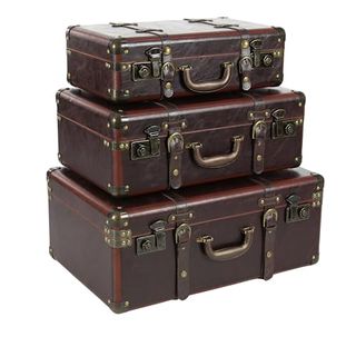 Deco 79 Faux Leather Trunk Nesting Upholstered Decorative Large Boxes With Vintage Accents and Studs, 18, 21, 23 Inches, Brown