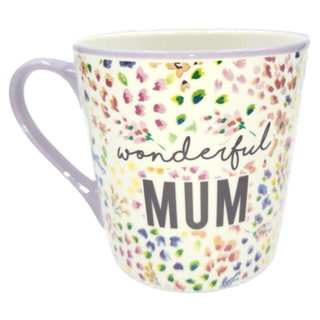 A floral mug featuring the wording "Wonderful Mum" with a lilac handle and rim.