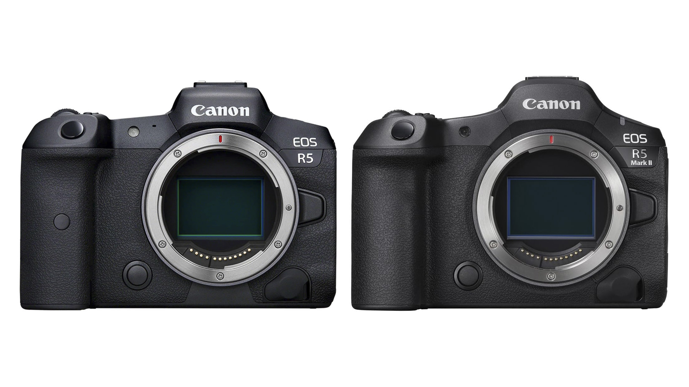 Canon EOS R5 next to the EOS R5 Mark II on a white background to show difference in size