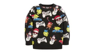 best christmas jumpers illustrated by a black jumper with images of santa, snowman and games controllers