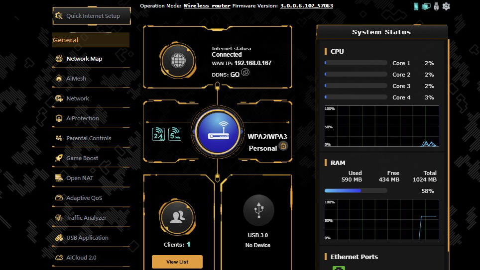A screenshot of the Asus TUF Gaming BE6500 router web interface.