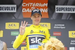 Chris Froome (Team Sky) on the podium after winning Criterium du Dauphine