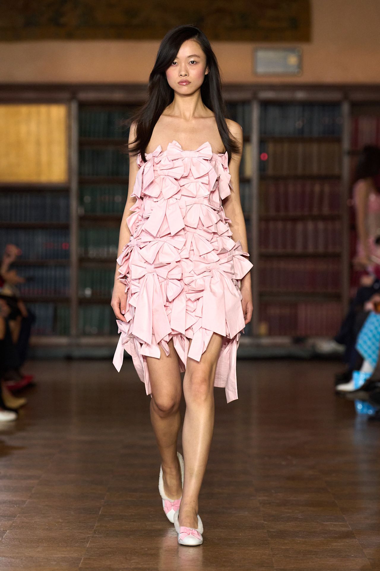models walk the Sandy Liang Fall 2026 fashion show runway wearing slipper shoes