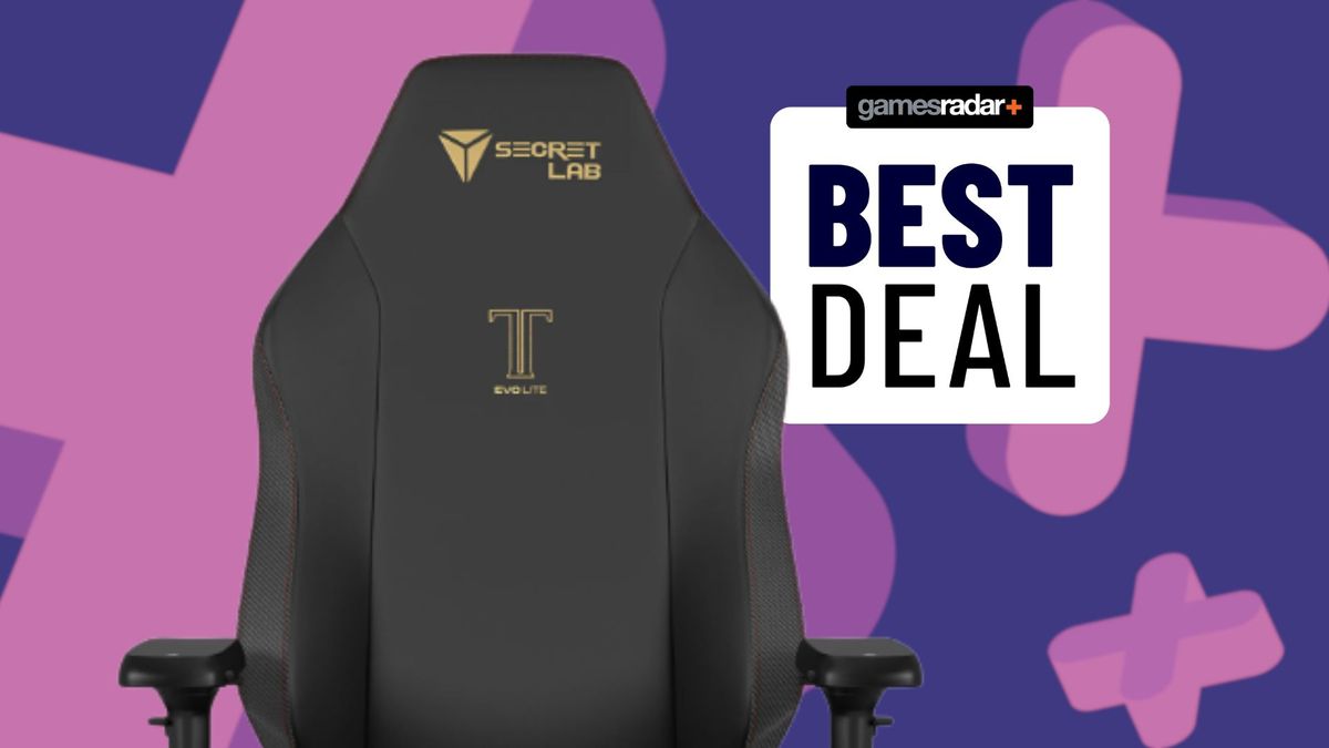 A Secretlab Titan Evo Lite on a purple background, next to a Best Deal stamp 