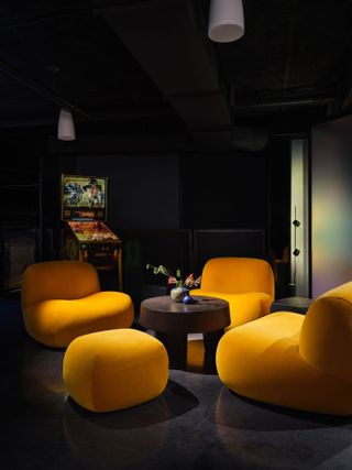Yellow modular furniture at Moxy Downtown Los Angeles