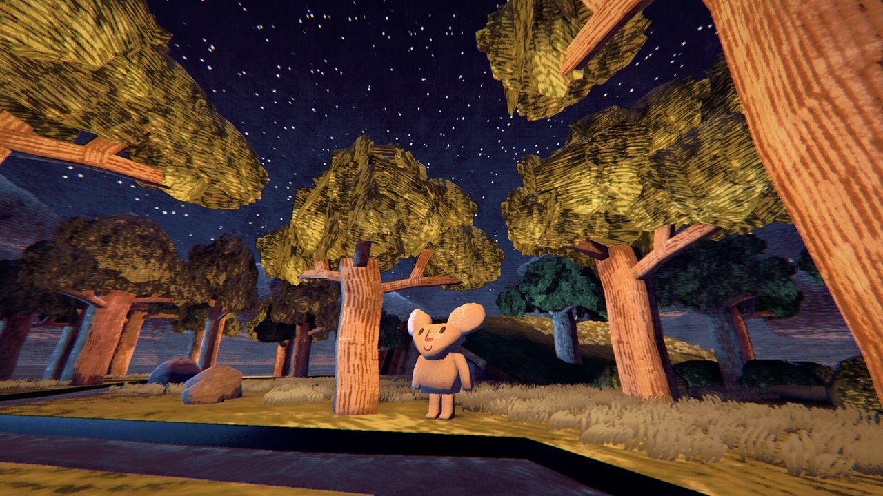 A teddy bear-like character stands in a forest in game art made in Blender to look like papercraft