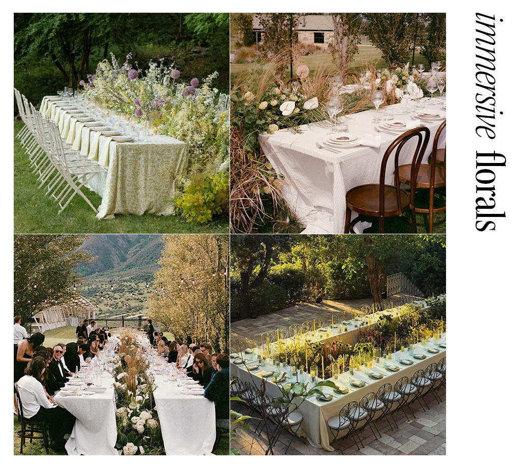 four images of florals in between tables at weddings.