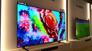 LG QNED evo TV showing colorful image onscreen