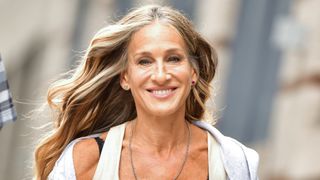 Sarah Jessica Parker seen with wavy hair whilst on the set of "And Just Like That..." the follow up series to "Sex and the City" in NoHo on July 14, 2021 in New York City.