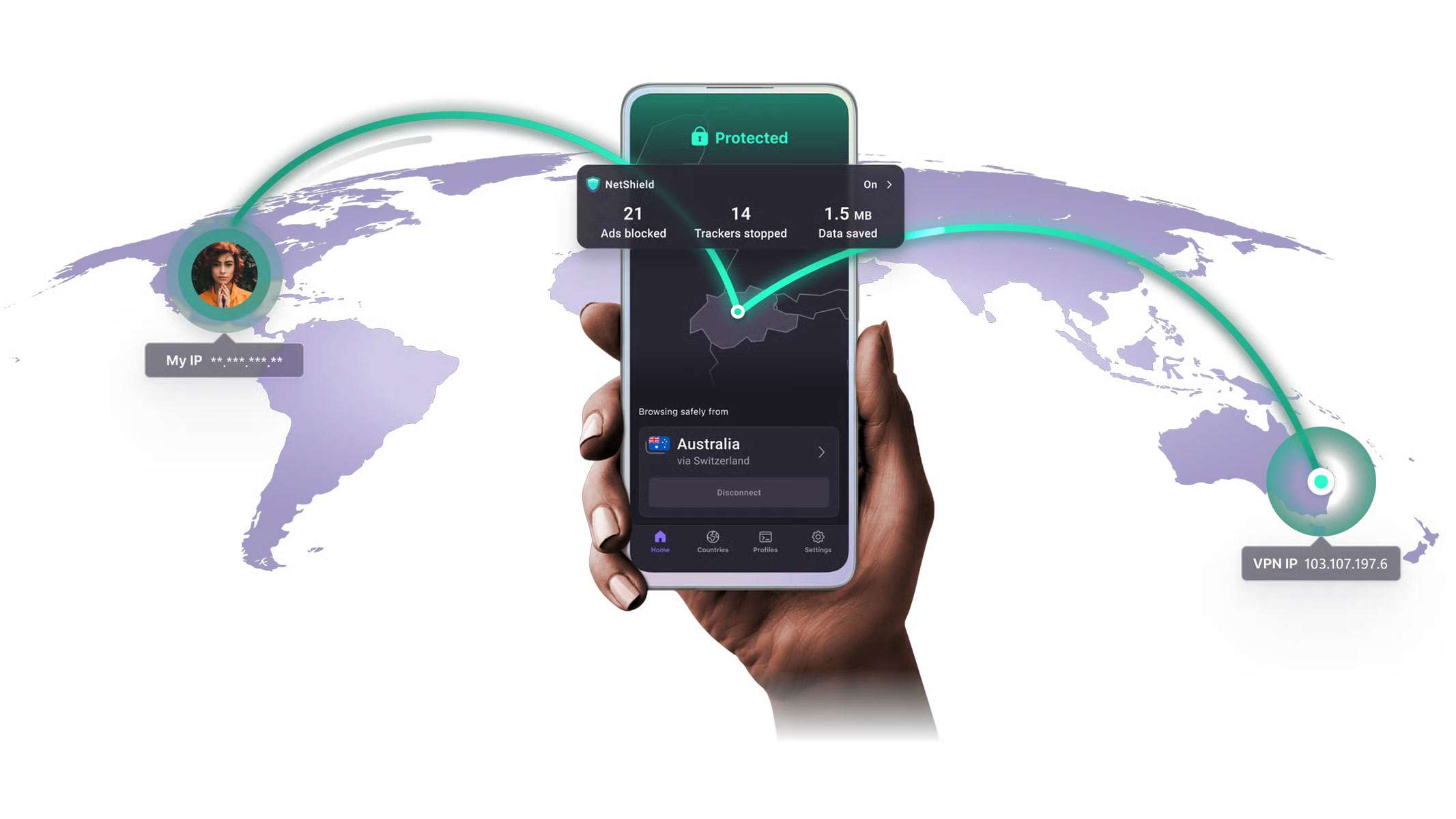 A mobile phone is being held in front of a purple map of the world with a green connection line running from left to right via the phone, all on a white background.