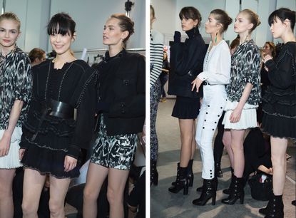 Image one - three female models, one wearing a black and white blouse and white skirt, one in a black coat and skirt, and one in a black coat and black and white skirt. Image two - four female models, two wearing black coats and skirts, one wearing a white shirt and trousers, and one wearing a black and white blouse and white skirt