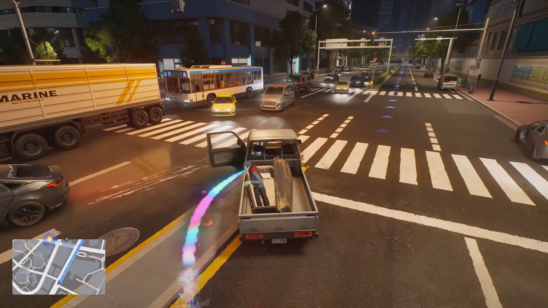 The player drives a pickup truck through Nova City in Ananta, from the PlayStation gameplay trailer, as a vampire throws up from an open coffin in the back