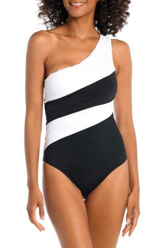 Island Goddess Ruched Colorblock One-Shoulder One-Piece Swimsuit