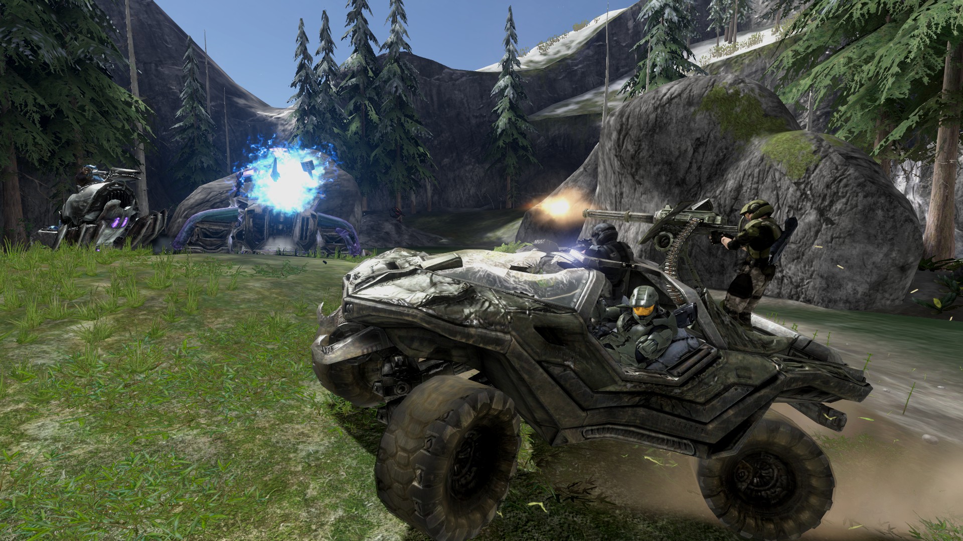 A damaged sci-fi jeep dodges plasma rounds from an alien tank