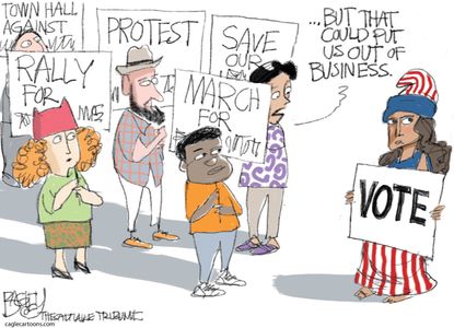 Political cartoon U.S. protest rally immigrants Black Lives Matter town hall