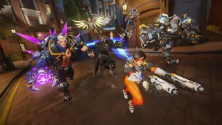 Screenshots of Overwatch 2 showing teams battling it out along with new perks and a Stadium game mode in action