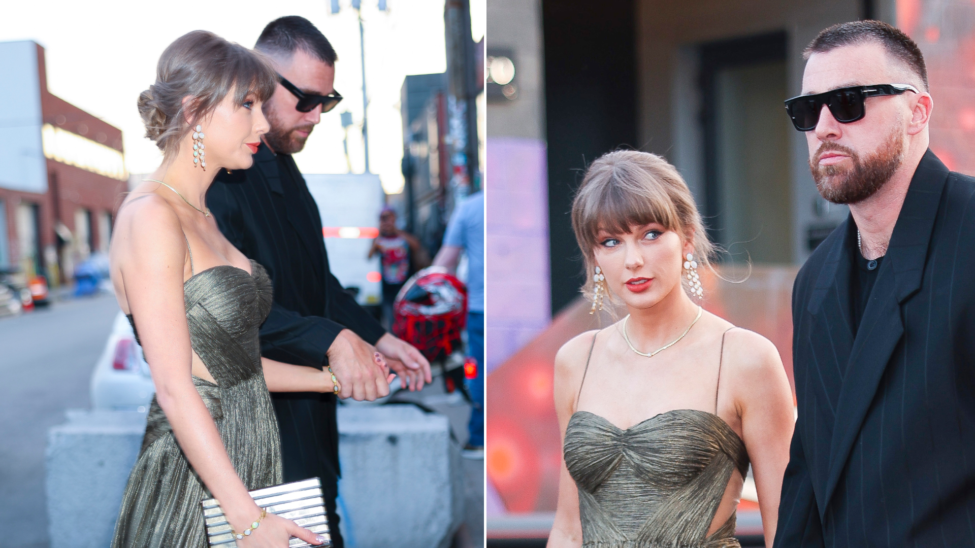 Taylor Swift wears a gold gown and sparkling shoes with Elizabeth Taylor's opal jewelry set