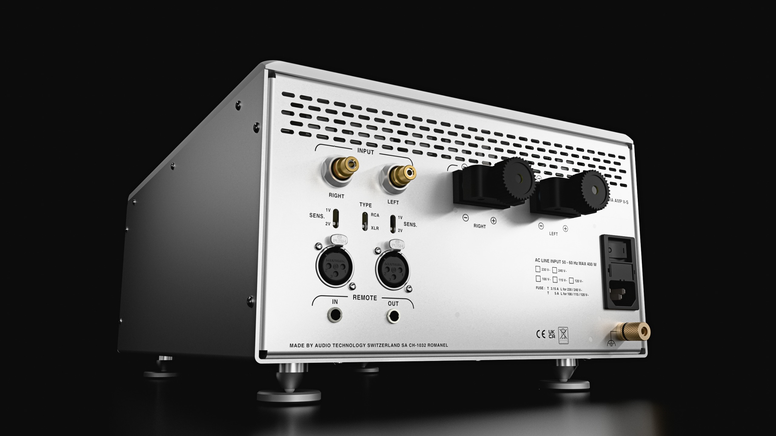 Nagra Amp II-S stereo amplifier in silver on a black background