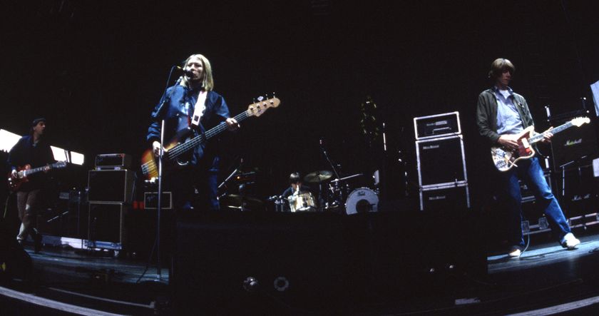 Lee Ranaldo, Kim Gordon, and Thurston Moore of the Sonic Youth perform at Shoreline Amphitheatre on May 16, 1995 in Mountain View, California