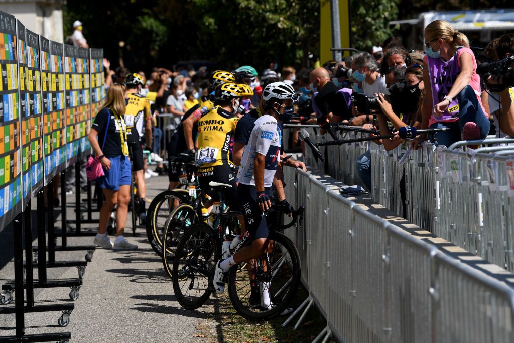 LOUDENVIELLE FRANCE SEPTEMBER 05 Start Egan Arley Bernal Gomez of Colombia and Team INEOS Grenadiers White Best Young Rider Jersey Interview Press Media Social distancing during the 107th Tour de France 2020 Stage 8 a 141km stage from CazresSurGaronne to Loudenvielle TDF2020 LeTour on September 05 2020 in Loudenvielle France Photo by Tim de WaeleGetty Images