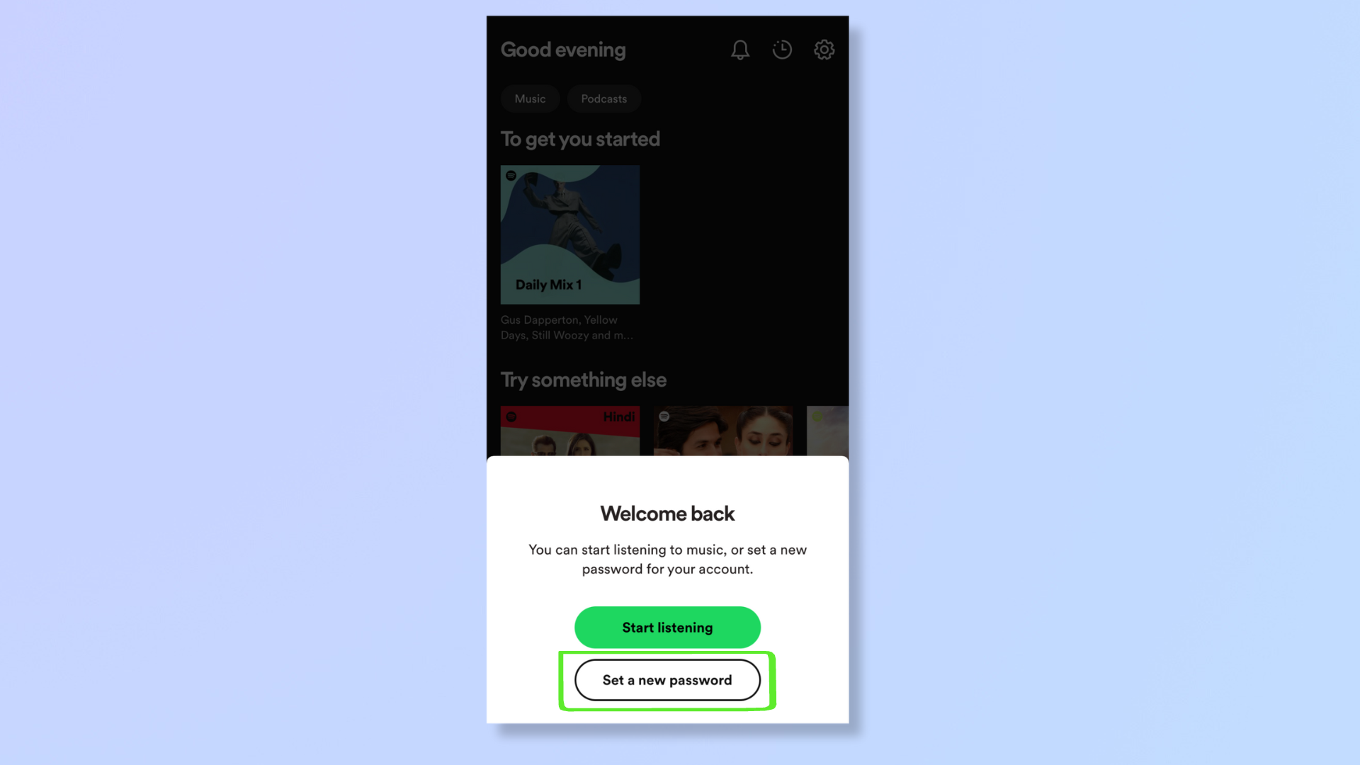 لقطة شاشة لتطبيق Spotify مع مربع يسلط الضوء على تعيين كلمة مرور جديدة. 