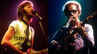 LEFT: British guitarist Eric Clapton performing on stage in Philadelphia during his US tour, July 1974 RIGHT: JJ CALE onstage in 1977