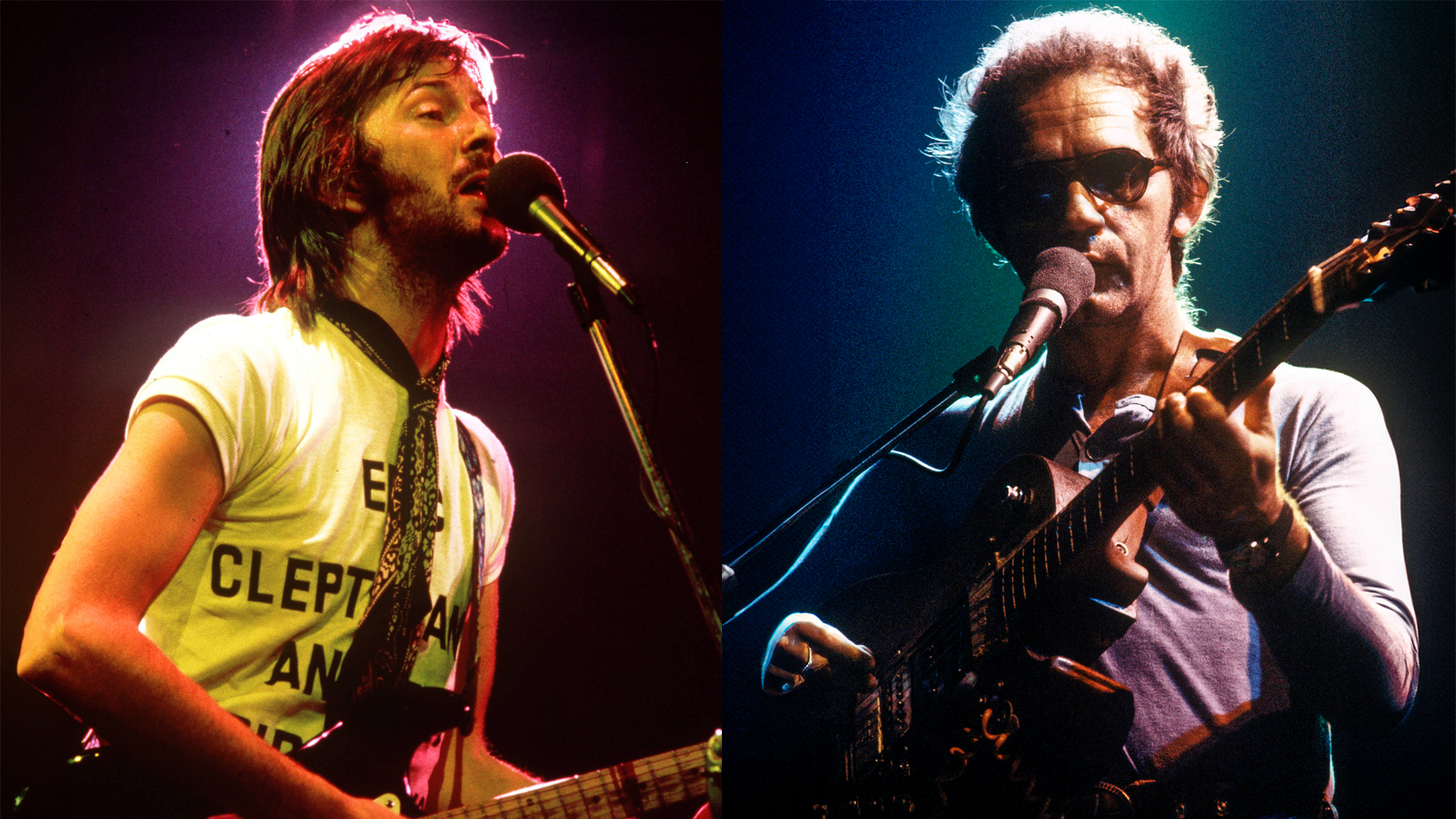 LEFT: British guitarist Eric Clapton performing on stage in Philadelphia during his US tour, July 1974 RIGHT: JJ CALE onstage in 1977