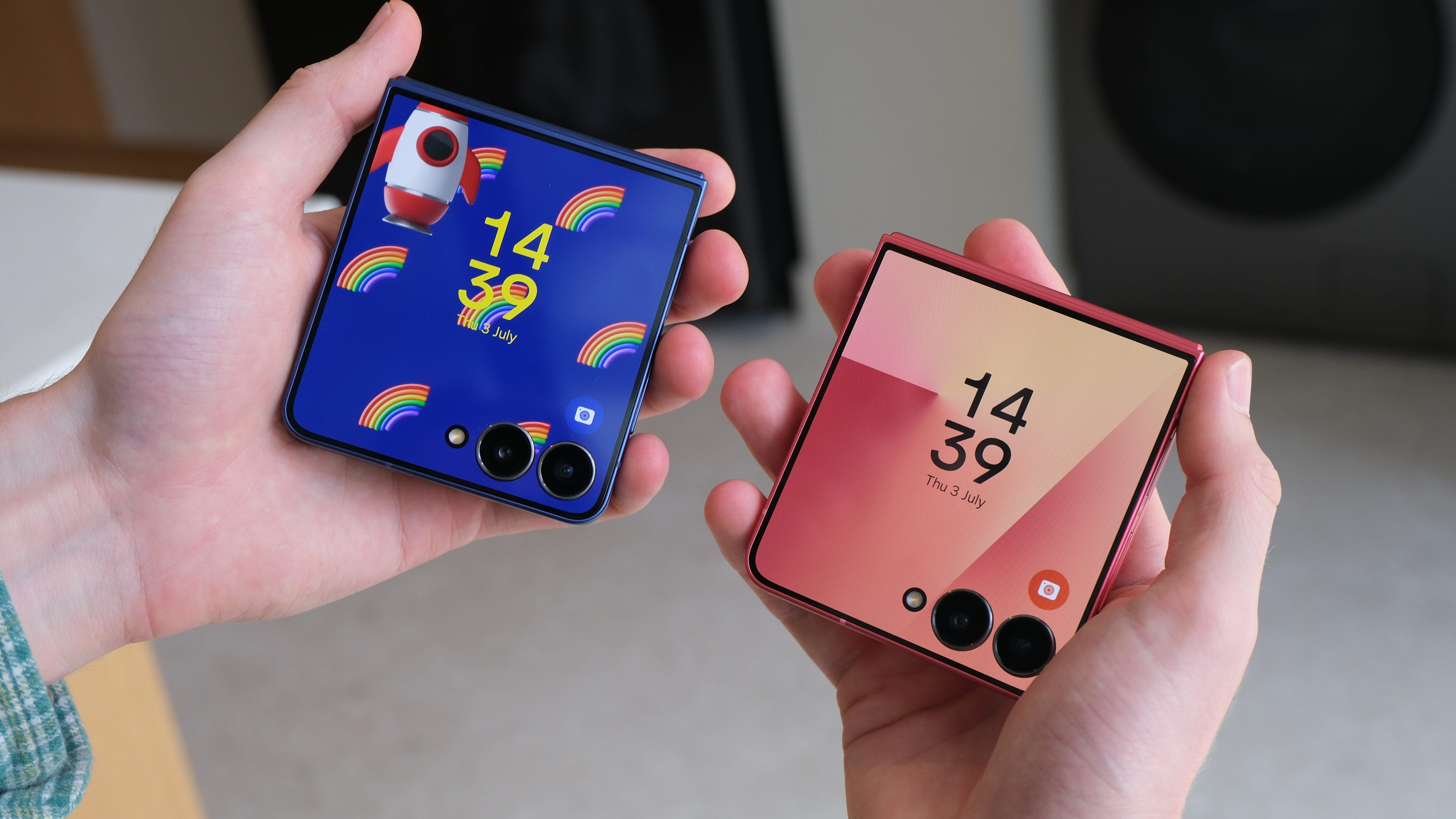 The Samsung Galaxy Z Flip 7 in Blue Shadow and Coral