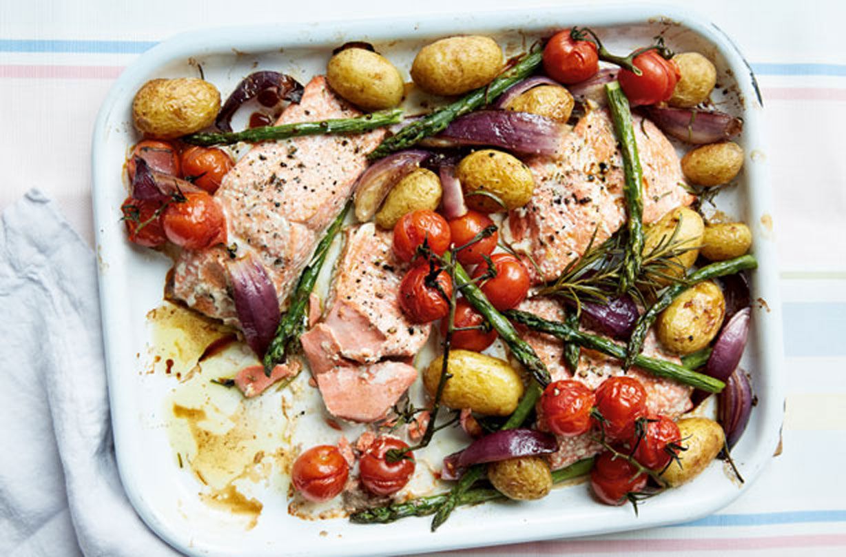 Fearne Cotton's salmon tray bake | British Recipes | GoodtoKnow