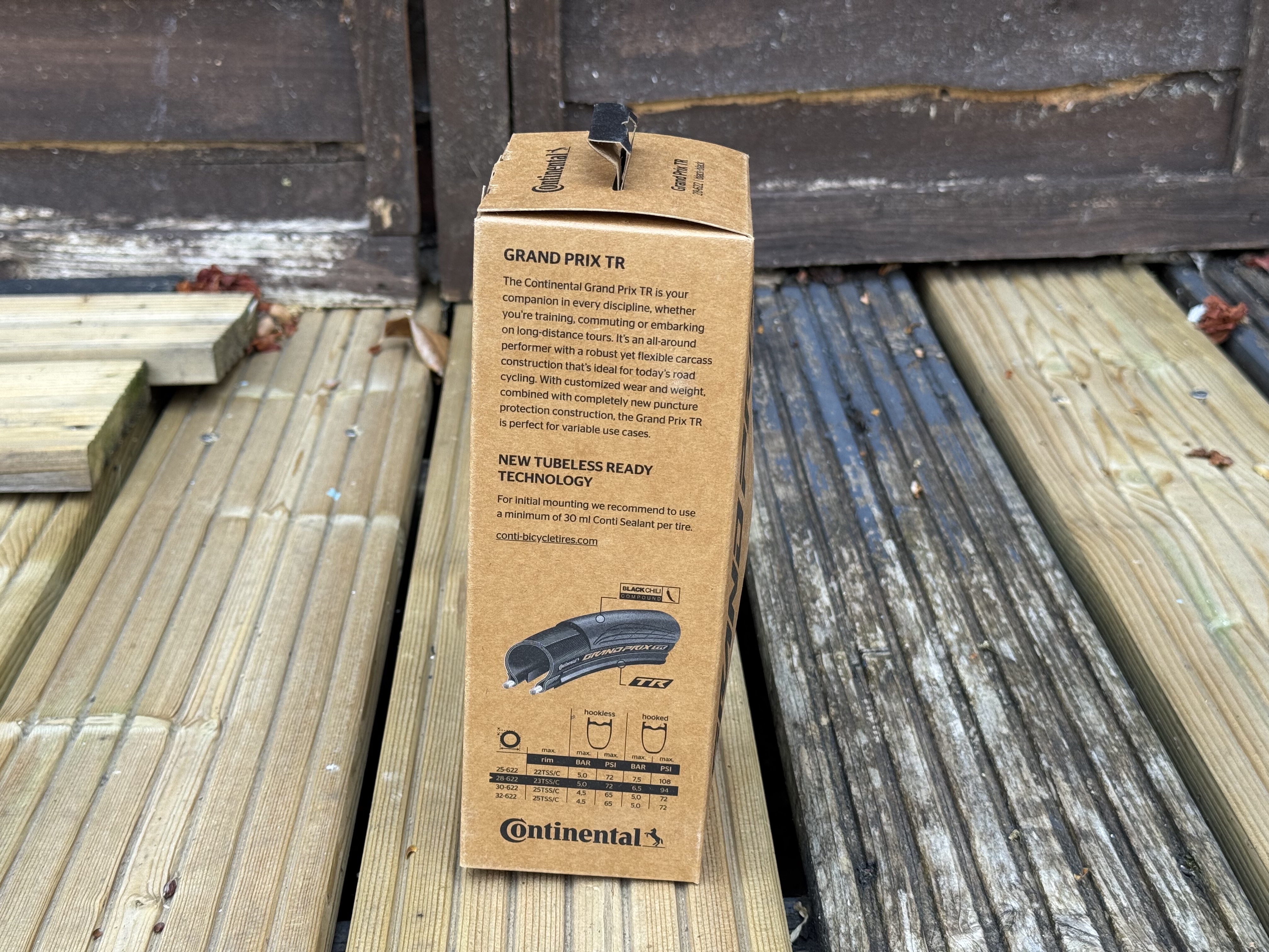 Tyre specifications provided on the packaging