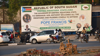 A billboard in South Sudan shows a poster spotlighting upcoming visit of Pope Francis