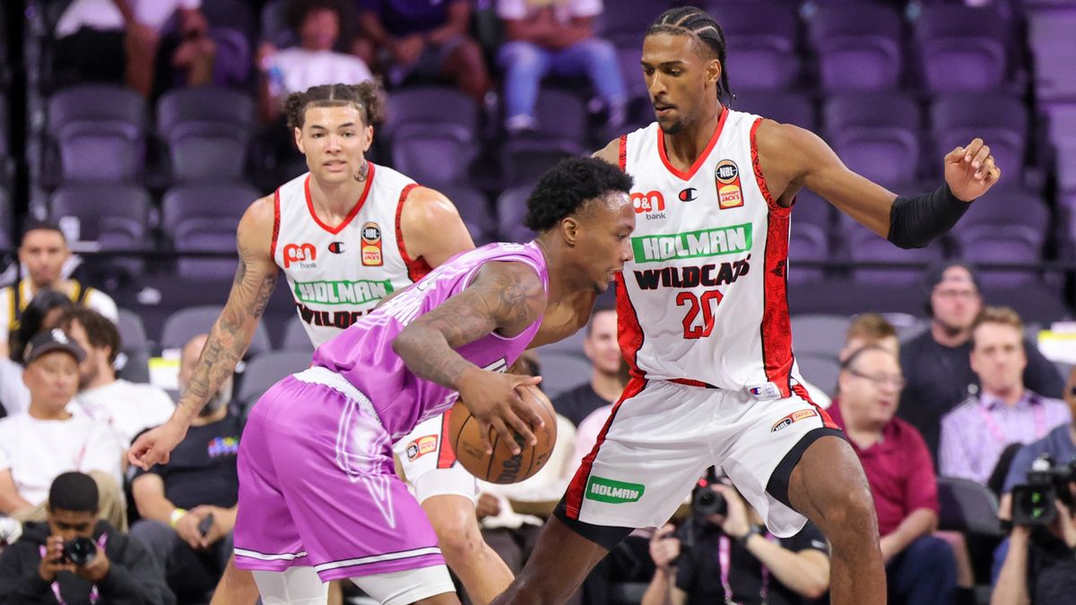 Ron Holland #0 of G League Ignite drives against Alex Sarr #20 of the Perth Wildcats in the second half of an NBA G League Fall Invitational game on September 08, 2023 in Henderson, Nevada.